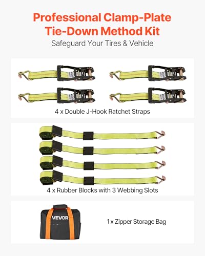 VEVOR Wheel Chock Tie-Down Kit, Deck-Style Trailer Tie Down Strap, Car Tie Down Kit with J-Hook, Break Strength 10009 lbs & Working Load 3333 lbs Motorcycle System for SUVs, Trailers, Trucks - style: Deck-Style with J-Hook
