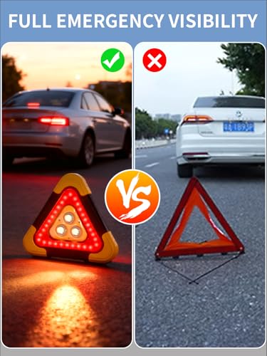 USB Rechargeable LED Road Safety Triangles, 4-in-1 Standard Warning Triangles Emergency Reflector with 30 High Visibility LED, Power Bank, Flashlight, SOS, Emergency Triangles for Vehicles