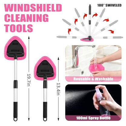 Windshield Cleaner Tool, 17Pcs Car Interior Detailing Kit, Detailing Brush, Towels, Duster, Car Cleaning Kit Interior for RVs, Truck, Trailer (Pink) - color: Pink