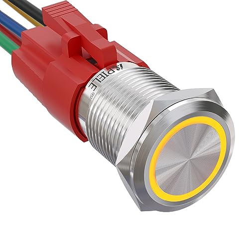 APIELE 16mm Latching 12V Push Button Switch On Off Stainless Steel with LED Angel Eye Head for 0.63" Mounting Hole with Wire Socket Plug Self-Locking (Yellow) - color: Silver Shell-Yellow, size: Silver Shell
