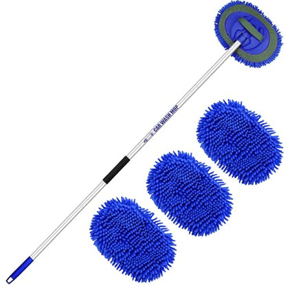 63” Long Handle Car Wash Brush Microfibre Extendable Cleaning Mop Mitt for Caravan Truck Van Tyre Window Wheel Roof 2 in 1 Interior Duster Remover Scratch Free Clean Product 3 Replacement Head