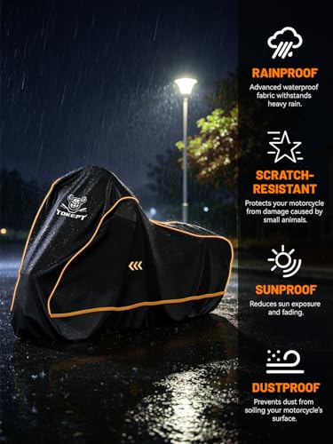 Full Enclosed Motorcycle Cover, 600D Heavy Duty Waterproof Motorcycle Cover with Reflective Strips & Vents, Fits 96" Scooter, Dirtbike, Cruiser & Touring Motorcycles (Black) - size: 96"-XXL