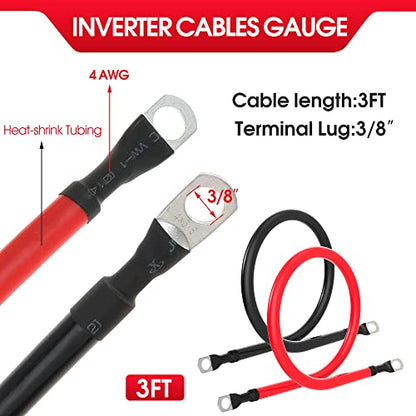 4 AWG Battery Cable 4AWG Gauge Pure Copper Battery Inverter Cables with 3/8 in Lugs Both Ends Power Inverter Wire Set for Automotive Solar Marine Boat RV Car Motorcycle Red and Black (3FT) - size: 3ft