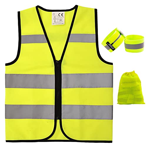 Hi Vis Kids Safety Vest + 2 Reflective Bands & Bag, Toddler Safety Vest,Reflective Vest Kids With Zipper,Toddler Construction Vest For Cycling & Running S1/SET - color: Neon Yellow（+2bands）, size: Small