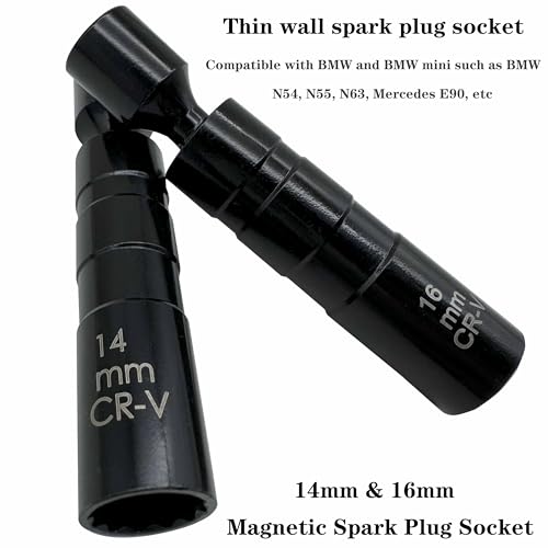 14mm and 16mm Thin Wall Swivel Magnetic Spark Plug Socket 3/8 Inch Drive 12-Point Spark Plug Socket Removal Tool Compatible with Motorcycle, Car, SUV Most Confined Areas
