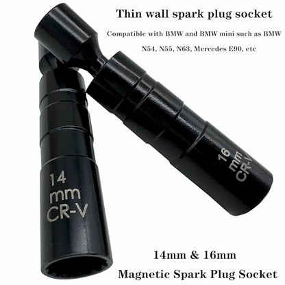 14mm and 16mm Thin Wall Swivel Magnetic Spark Plug Socket 3/8 Inch Drive 12-Point Spark Plug Socket Removal Tool Compatible with Motorcycle, Car, SUV Most Confined Areas