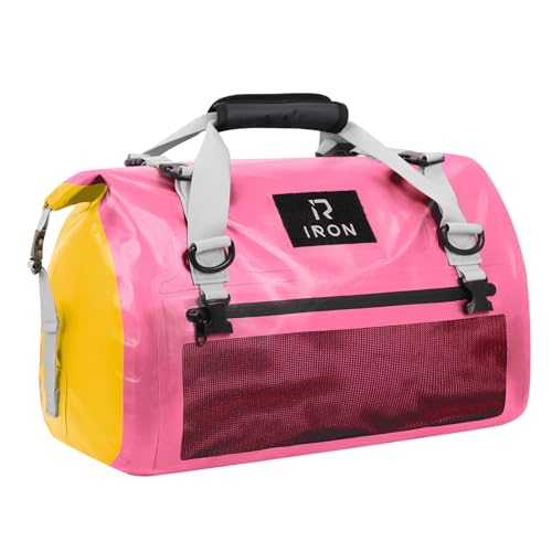 IRON JIA'S Motorcycle Dry Bag - Waterproof Duffle & Luggage Tail Bag Saddle Bags with Roll Top Closure, Shoulder Straps, Inner Pocket and Mesh Pocket (Pink, 50L) - color: Pink, size: 50L