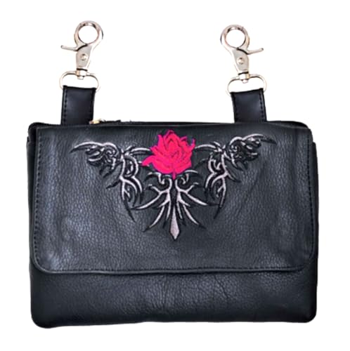 Hip Purse For Women Leather Clipon Purse for Biker Red Flower Fanny Pack Waist Pack Motorcycle Leg Bag Leather Belt Pouch Crossbody Belt - color: Red Flower