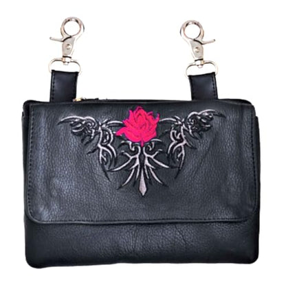 Hip Purse For Women Leather Clipon Purse for Biker Red Flower Fanny Pack Waist Pack Motorcycle Leg Bag Leather Belt Pouch Crossbody Belt - color: Red Flower