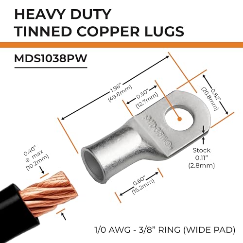 SELTERM 10pcs 1/0 AWG-3/8" Stud (Wide Pad) Tinned Copper Wire Lugs, Heavy Duty Battery Cable Ends,0 Gauge Ring Terminals, UL Battery Lugs Marine Grade Copper Eyelets Battery Terminal Connectors - color: Tinned Copper Lugs, size: 1/0 Awg - 3/8" (M10) Ring