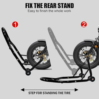 Motorcycle Front & Rear Wheel Lift Stand Combo, 440lbs per stand (880lbs Total) Steel Paddock Stands with Adjustable Fork & Swingarm Spool Heads