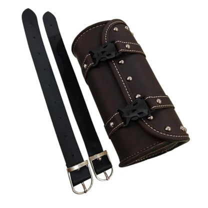 PU Leather Motorcycle Saddlebag with Two Mounting Straps Dark Brown Round Tool Bag for Motorcycles Side Storage Luggage Bag for Bikes