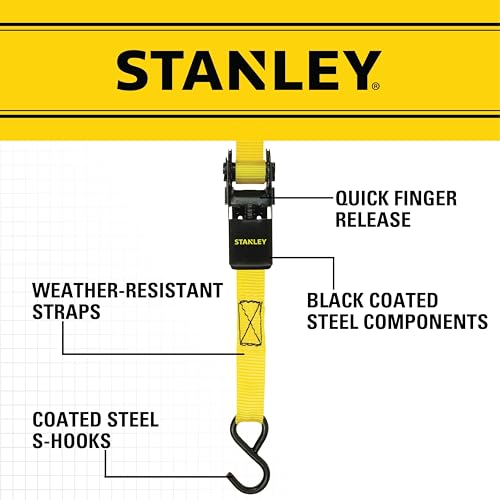 STANLEY S9500 Black/Yellow 1" x 10' Ratchet Straps - Light Cargo (300 lb Working Load / 900 lb Break Strength),4 Count (Pack of 6) - size: 1" x 10' (Pack of 6)