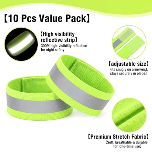 10pcs Reflective Running Armbands, High Visibility Reflective Armbands Adjustable & Bike Ankle Bands for Cycling Walking Jogging Motorcycling & Night Sports Fluorescent Green