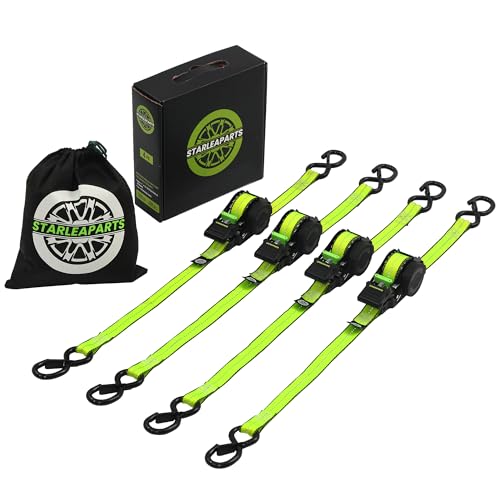 STARLEAPARTS Retractable Ratchet Straps(4PK 1.0INX12FT) - 1,500lb Break Strength, Ratchet Strap Heavy Duty with Rubber Coated Handle, Perfect Auto Ratchet Straps for Motorcycle, Kayak and Trucks - color: Green, size: 4PK -1,500LBS