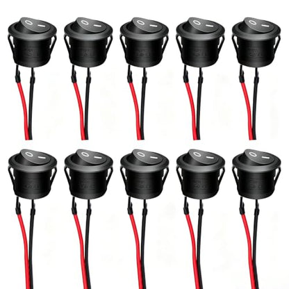 Twidec/10Pcs 12V Round Rocker Switch AC 6A/250V 10A/125V SPST 2 Pin 2 Position On/Off Toggle Switch for Car Boat Automotive RV Black with Pre-soldered Wires KCD1-X-Y - color: Black-Round-ON OFF(O I)-10PCS