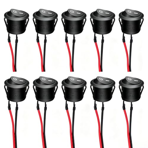 Twidec/10Pcs 12V Round Rocker Switch AC 6A/250V 10A/125V SPST 2 Pin 2 Position On/Off Toggle Switch for Car Boat Automotive RV Black with Pre-soldered Wires KCD1-X-Y - color: Black-Round-ON OFF(O I)-10PCS