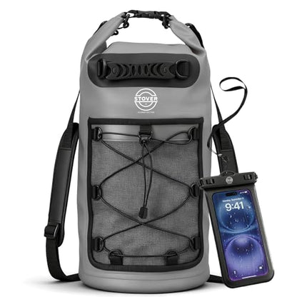 STOVER 5/10/25/30/40/55L Waterproof Dry Bag- Roll-Top Backpack w/Phone Case- Kayaking, Hiking, Camping, Boating- Men/Women - color: 30l Grey (With Phone Case), size: 30L
