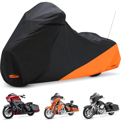 Waterproof Motorcycle Cover for Touring Models Made for Harley Davidson Road King Road Glide Street Glide Electra Glide Low Rider-ST Indoor & Outdoor All Weather Protection (Black & Orange) - size: Side Box