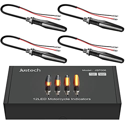 Justech Motorcycle Windshield Spoiler Adjustable Clip On Wind Deflector with 4 Pieces 12LEDS Motorcycle Amber Flowing Turn Signal Lights
