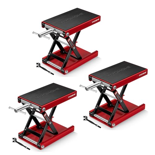VIVOHOME 1100 LBS Motorcycle Lift Scissor Jack, Wide Deck Hoist Stand, Height Adjustable Center Stand with Crank, Steel Lift for Cruiser, Dirt Bike, ATV - Red 3 Pack