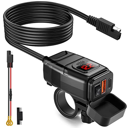 EXTRACTME Motorcycle Phone Charger, 6.4A Dual USB Type C PD & Quick Charge 3.0 Motorcycle USB Charger with Voltmeter & ON/Off Switch, Waterproof Motorcycle Accessories for Phone, Tablet, GPS, etc - color: Red Voltmeter Digital Display