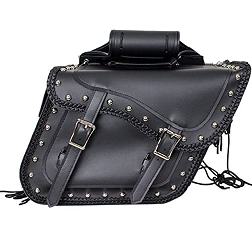 Dream Apparel Faux Leather Motorcycle Saddle Bags Studded Throw Over Saddlebags, PVC Motorcycle Side Bags for Honda Shadow Sportster Softail Dyna V-star (Black) - color: Black 26L Studded & Metal Heat Shield