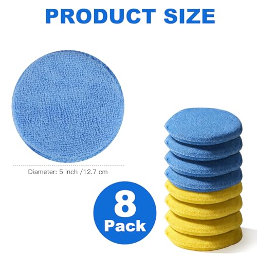 REGUICORP Polishing Pad 8 PCS, 5 Inch Diameter Round Microfiber Applicator Pad, Washable Reusable Car Wax Applicator Pad for Car Cleaning and Fine Polishing (Yellow and Blue)