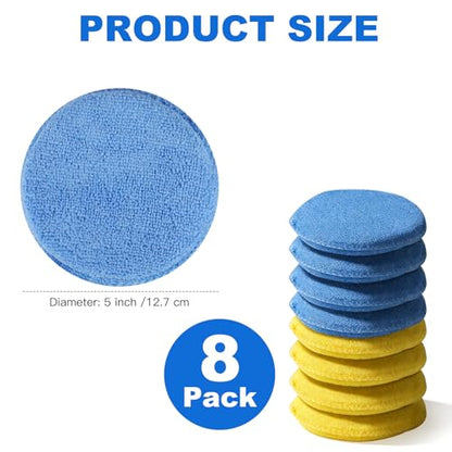 REGUICORP Polishing Pad 8 PCS, 5 Inch Diameter Round Microfiber Applicator Pad, Washable Reusable Car Wax Applicator Pad for Car Cleaning and Fine Polishing (Yellow and Blue)