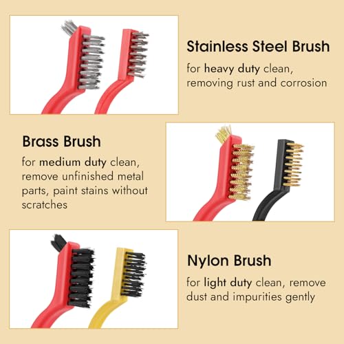 6 Pieces Wire Brushes Set, Small Metal Brass/Stainless Steel/Nylon Brushes for Cleaning Metal Rust Remover and Paint Removal - color: Red+3 Mixed Color