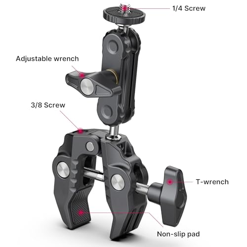 XIAOTJ Super Clamp Camera Mount with Magic Arm Double 360° Ballhead and Phone Tripod Mount/Action Camera Adapter for Phone/GoPro DJI Insta360/Monitor/DSLR/Motorcycle Bike Handlebar Gun Scope Mounts