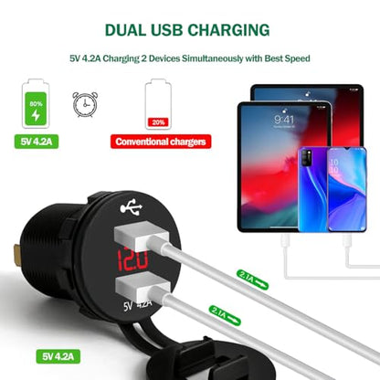 LENKRAD 4.2A USB Charger, Waterproof DC 12V Volt Meter Red Digital LED,Dual 2.1A Motorcycle Charge Port Outlet, Marine 24V New Energy USB Socket for RV Golf Cart Boat - color: Red