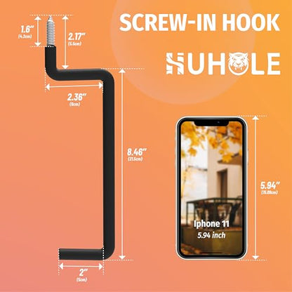 HUHOLE 4 Pack 8.46 Inch Screw in Ladder Hooks for Garage Wall | Utility Hangers with 65 lb Capacity for Ladders, Chairs, Bikes, Hoses, Wheelbarrows and Wall Mount Storage - size: 8.46'' (Width:2'')