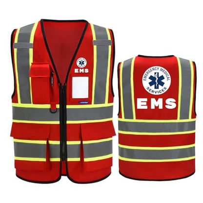 AYKRM Security Vest for Men Women 7 Pockets High Visibility Reflective Safety Vest Front Zipper Meets ANSI/ISEA - color: Red-ems, size: 8X-Large