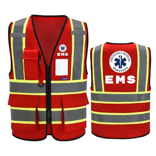 AYKRM Security Vest for Men Women 7 Pockets High Visibility Reflective Safety Vest Front Zipper Meets ANSI/ISEA - color: Red-ems, size: Large
