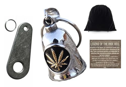 KMA Est. 2005 THE RIDE BELL Pot Leaf Gold w/FREE HANGER Biker Good Luck Motorcycle Charm Original Keychain