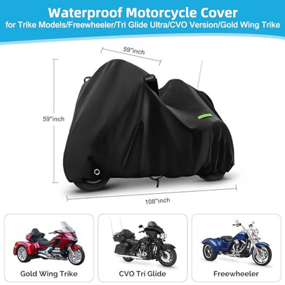 Motorcycle Cover Waterproof for Trike Models Freewheeler/CVO Version/Tri Glide Ultra/Gold Wing Trike, Heavy Duty Sun Rain Outdoor Protection Motorbike Cover with Antenna Zipper & Soft Cotton Lining - size: Trike Motorcycle Cover
