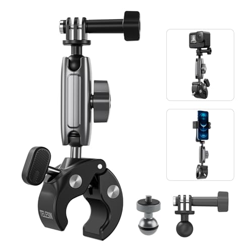 TELESIN Super Clamp Camera Mount with 360° Dual Ball Head, Bike/Bicycle/Motorcycle Handlebar Mount for GoPro Mission 1 PRO/DJI Osmo Pocket 4 3/ DJI Action 6 5 4/ Insta360 Luna Ultra/Xtra Muse Camera