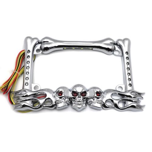 3D Skull Metal License Plate Frame with Amber Red LED Brake Turn Signals, White Plate Illumination, Universal Fit for All Motorcycle License Plates - color: Chrome, size: Skull LED