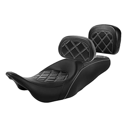 C.C. RIDER Classic Seat Backrest Pad - Driver Sissy Bar fit for Harley Davidson Touring Road King Street Glide Electra Glide Road Glide 2009-2023 - color: Seat + Driver Pad + Passenger Pad Black White