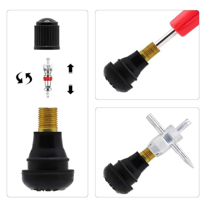 GLSOWEE Tire Valve Stem Puller Installer Tool Kit, 6 Pcs TR412 Snap-in Valve Stems & Valve Stem Cores, 4-Way Valve Tool & Single Head Tire Valve Core Remover Installer Tool (15PCS) - size: 15PCS