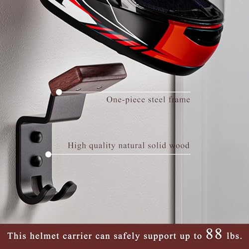 Helmet Holder Wall Mount, Motorcycle Helmet Holder Headgear Rack with Double Hooks, Solid Wood & Strong Steel Helmet Display Hanger Hooks for Football Helmet Jacket Coats