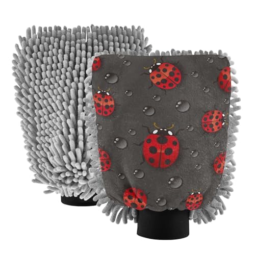 susiyo 2 Pack Absorbent Microfiber Car Wash Drying Mitts Water Drop and Ladybugs Printed Chenille Car Wash Mitts Detailing Washing Gloves for Cars Motorcycles Boats, 10.24 x 7.09in - size: Medium