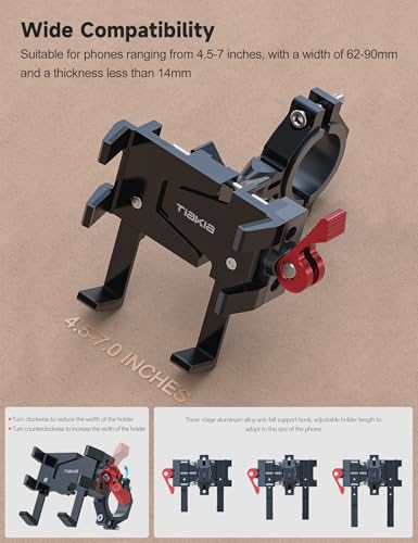 Tiakia Bike Phone Mount Holder, Aluminum Motorcycle Phone Mount, Handlebar Mounted Cell Phone Holder for Bike, 360° Rotation, Universal Bicycle Phone Mount for 4.5-7 Inch Phones (Upgrade-Black Red) - color: Upgrade-Black Red