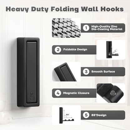Folding Wall Hooks, 4pcs Foldable Coat Hooks, Heavy Duty Zinc Alloy No Rust Fold Up Hooks for Coat, Towel, Key, Hat, Bag, Jacket, Backpack (Matte Black) - color: Matte Black, size: 4