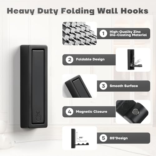 Folding Wall Hooks, 2pcs Foldable Coat Hooks, Heavy Duty Zinc Alloy No Rust Fold Up Hooks for Coat, Towel, Key, Hat, Bag, Jacket, Backpack (Matte Black) - color: Matte Black, size: 2