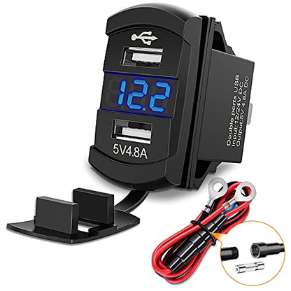 Nilight Rocker Switch Style Dual USB Outlet LED Voltmeter Quick Connector 12V Car Replacement with Inline Fuse for Boats RVs Trucks Cars - color: Dual USB Voltmeter Blue