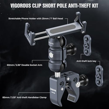 Anti-Theft Motorcycle Phone Mount, Handlebar Clamp Base Fits 0.5"-2" Diameter Bars, 25mm Ball Head & Double Socket Arm, Universal for iPhone/Samsung/Android Phones Width 2.56"-3.74" (KPS-01) - color: KPS-01