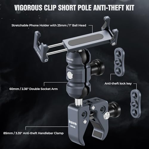 Anti-Theft Motorcycle Phone Mount, Handlebar Clamp Base Fits 0.5"-2" Diameter Bars, 25mm Ball Head & Double Socket Arm, Universal for iPhone/Samsung/Android Phones Width 2.56"-3.74" (KPS-01) - color: KPS-01