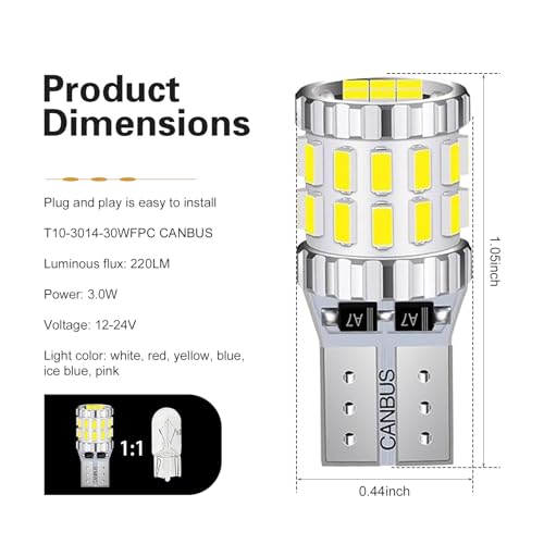 2PCS T10 LED Bulb, 3014 30SMD 5W Super Bright Car Wide Lights, Aluminum Led License Plate Light Blubs, Universal Car Interior Lights Replacements for Dome, Door, Reading, Map, Dash